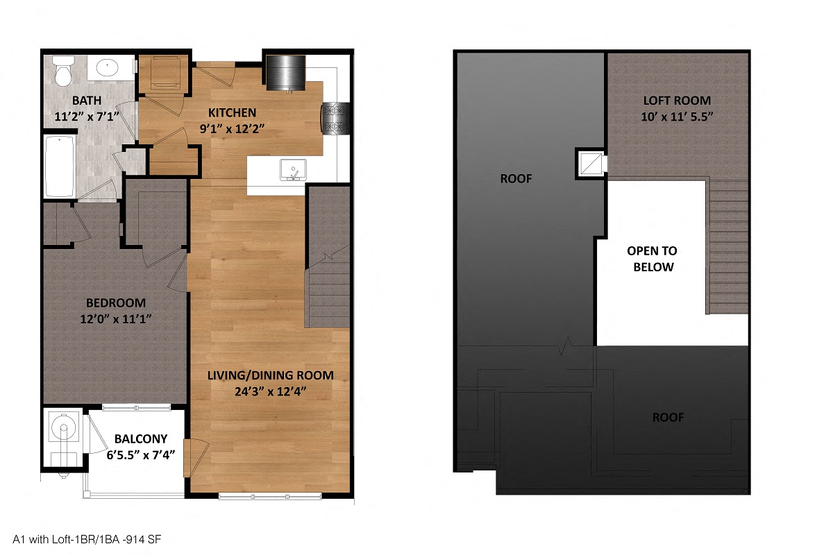 Floor plan for 1 bed, 1 bath, 914 sqft